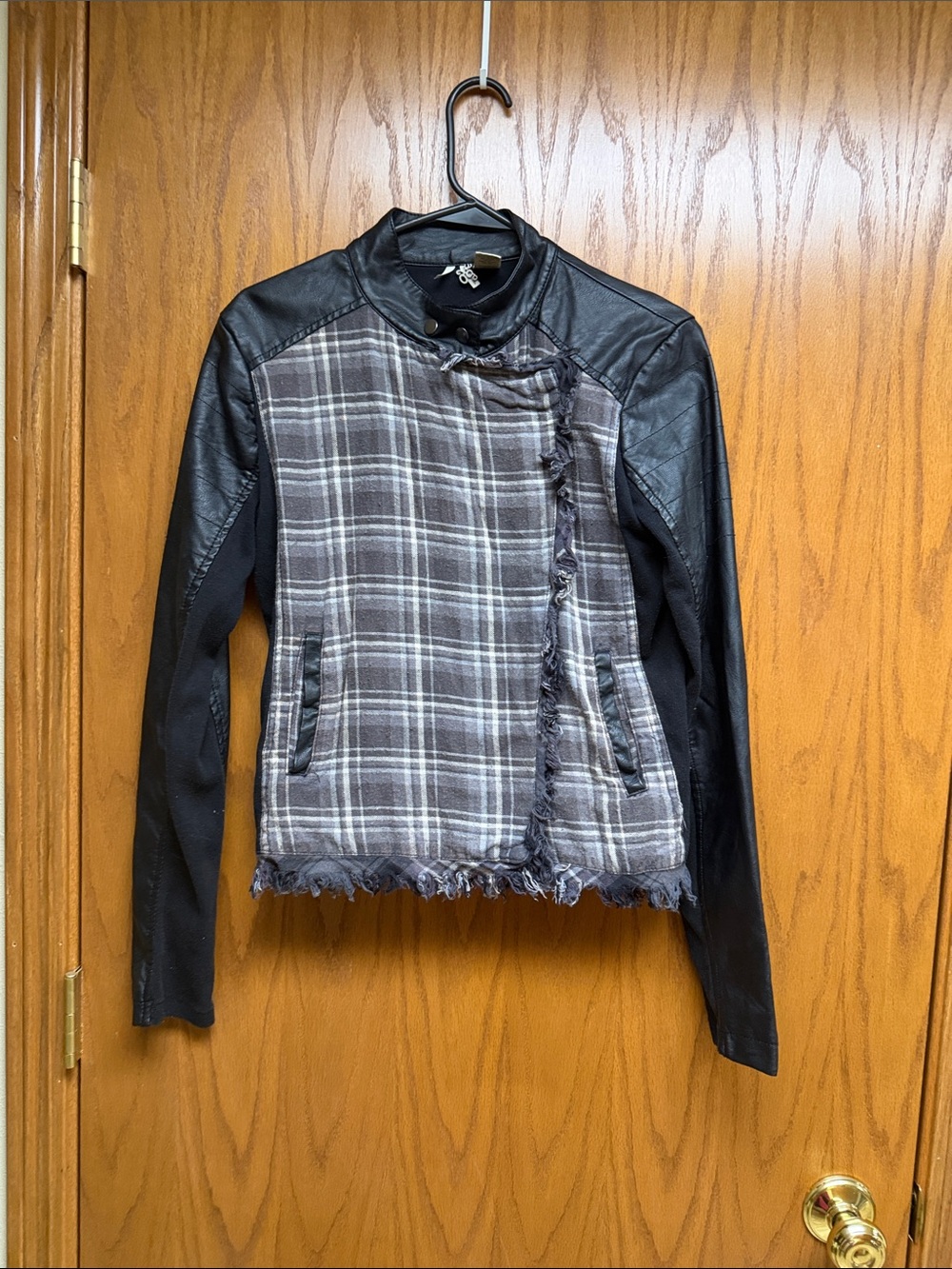 Mixed-Media Plaid Leather-Trim Jacket - Black and Gray